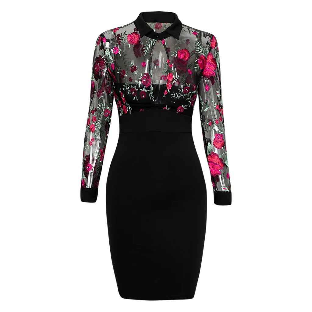 CHAMSGEND Dress Women Fashion Sheer Floral Embroidery Mesh Patchwork Brief Sexy Long Sleeve Casual Work Vestido F215 | Женская одежда
