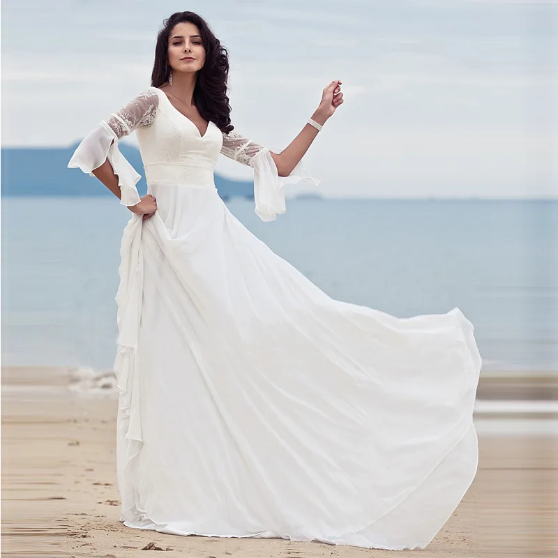 2020 Pure Color White Long Sleeve Dresses Woman Party Night Backless V Neck Maxi Runway Dress Summer Lace A-Line Zipper Vestido | Женская