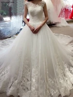 2021 ball gown sleeveless bateau applique court train tulle custom made bridal gown wedding dresses