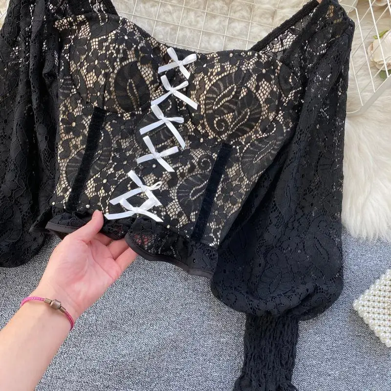 

2021 Y2K Lace Patchwork Crop Tops Women Bandage OL Blouses Spring Office Lady Sweetshirts Sexy Mujer Tees Solid Shirts S179