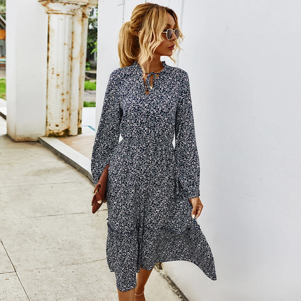 

Ladies Autumn Winter Long Dress Women Long Sleeve Bow Tied Casual Floral Flower Print Casual Loose Women Dresses Female Vestidos