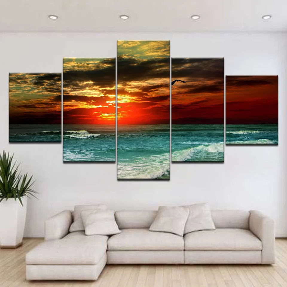 

Beautiful Sea Sunset Painting 5 Pieces Framed Wall Art Picture Gift Home Decoration Canvas Print Painting Living Room Decor