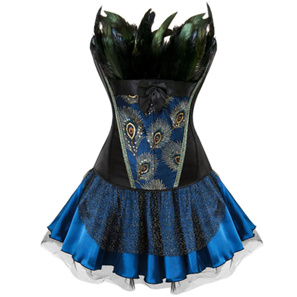 

Women Burlesque Halloween Costume Sexy Feathers Gothic Vintage Corset Dress Overbust Corset Bustier Skirt Steampunk Corselet