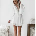 Новое Летнее белое богемное мини-платье для девочек, женское модное весеннее однотонное белое мини-платье с кружевом, повседневная одежда, платья с V-образным вырезом и длинным рукавом