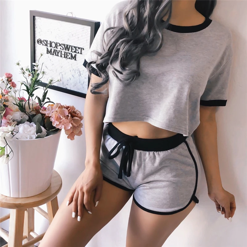 2019 New Women Sets Gray 2 pcs Sweatsuit Summer Pullover Suits outfit Two Piece Tracksuits |
