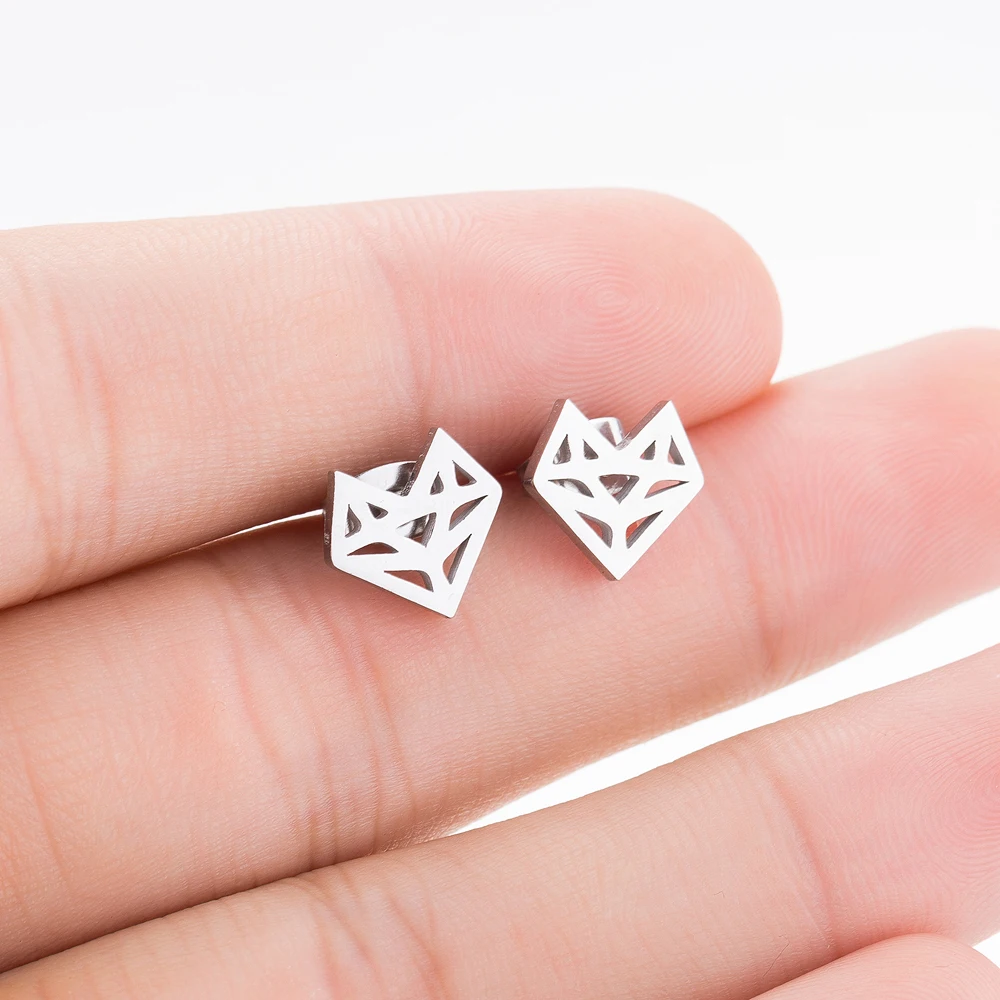 

Hfarich European Style Creative Origami Heart Fox Face Shaped Steel Studs Earrings for Women Kids Funny Animal Jewelry