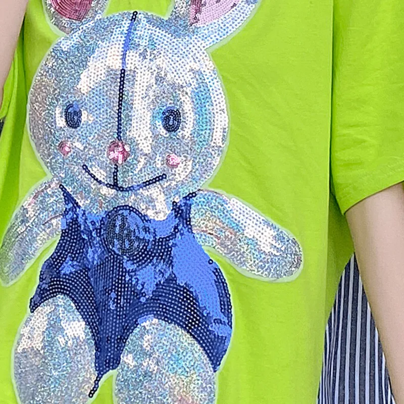

QING MO Women Cartoon Printed Dress With Sequin Women Striped Patchwork Dress Female Ruffles T Shirt Dress ZQY6708