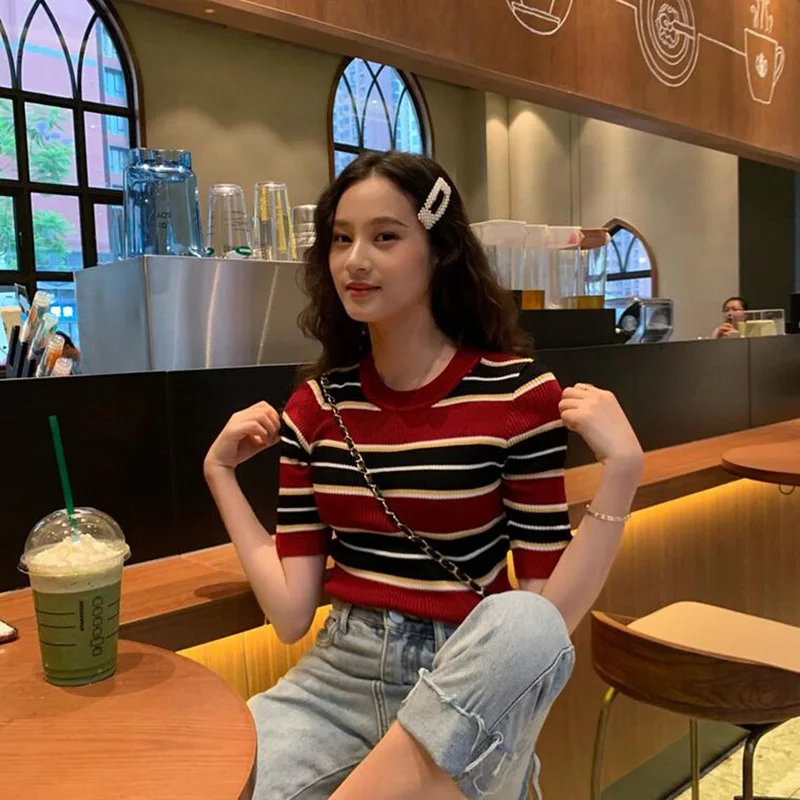 

Women Contrast Color Tee-shirt Female Striped Slim Knitting Short Sleeved O Neck T-shirt Top