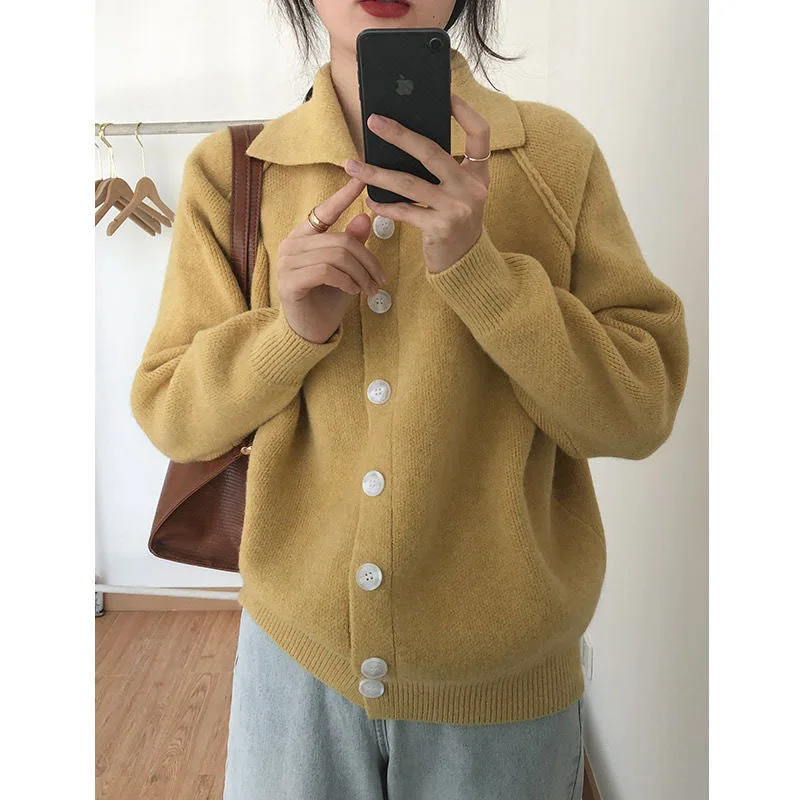 

Korean Fashion Loose Sweater Coat Female Autumn Cashmere Wool Solid Long Sleeve Lapel Single Breasted Cardigan Knitted Jacket
