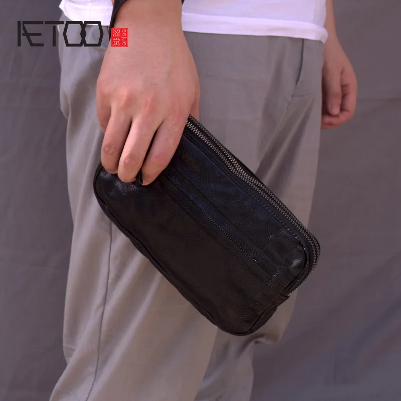 Сумка ручной работы AETOO из воловьей кожи мужские клатчи на молнии в стиле ретро