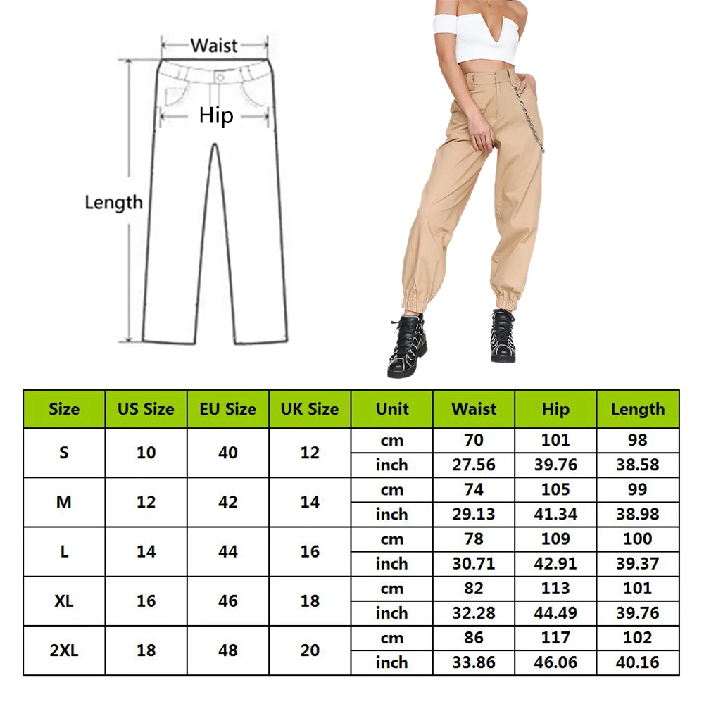 

Women Streetwear High Waist Solid Metal Chain Sling Cargo Pants Harajuku Black White Khaki Yellow Green Trousers Long Jogger 2XL