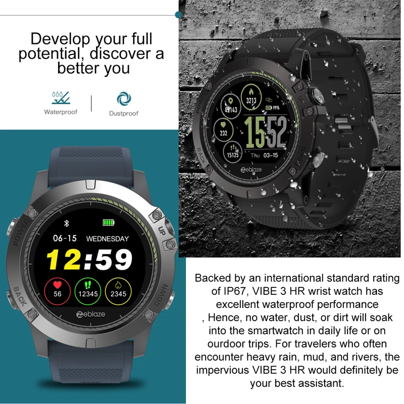 Zeblaze VIBE 3 HR умные часы IP67 водонепроницаемые носимые устройства монитор сердечного ритма ips цветной дисплей спортивные умные часы для мужчин