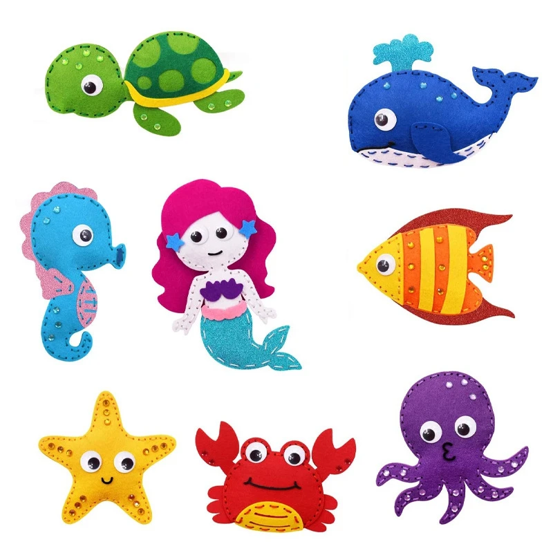 

Felt Sewing Craft Kit for Kids Stuffed Ocean Animals Sewing Pack for Beginner Fun DIY Educational Sewing Toy Craft Gift