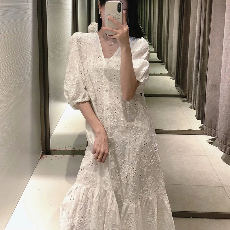 

ZA Summer Women Dress White Hollow Embroidery Dress V-neck Ladies Dress Elegant Girls Fashion Half Sleeve Causal Outfits