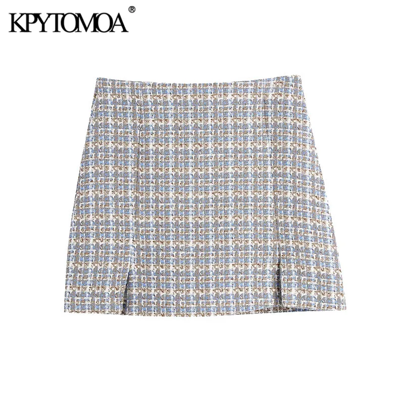 

Мини-юбка KPYTOMOA Женская твидовая, шикарная модная Винтажная с разрезами спереди, с завышенной талией, с боковой молнией, 2021