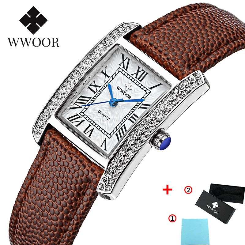 White brown WWOOR новые белые квадратные часы с кристаллами женские водонепроницаемые часы из натуральной кожи женские повседневные модные часы аналоговый дисплей подарок - Цвет: White brown