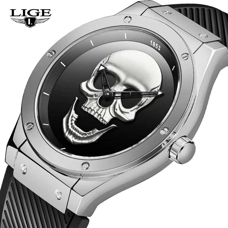 Мужские 3D часы с черепом LIGE новые модные мужские s лучший бренд роскошные из