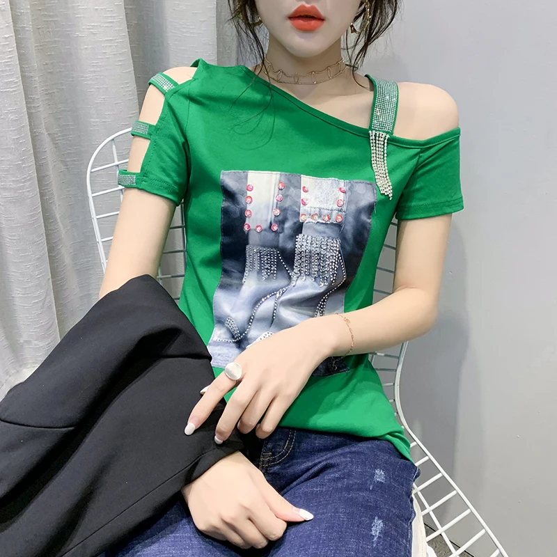 Футболка женская с открытыми плечами пикантный топ принтом со стразами коротким