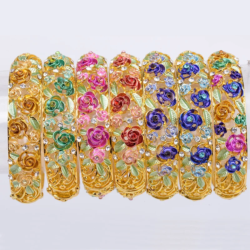 

Luxury Enamel Crystal Cuff Bangle For Women Colorful Flower Bracelet Vintage Gold Plated Bangles Bohemian Jewelry High Quality