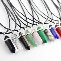 natural stone necklace hexagonal column pendant natural crystal pendants stone column bullet leather necklace women jewelry