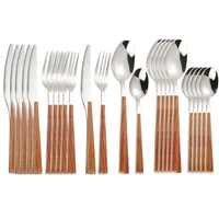 24pcs 304 dinnerware set stainless steel cutlery imitate wooden handle tableware silverware steak knife fork tea spoon flatware