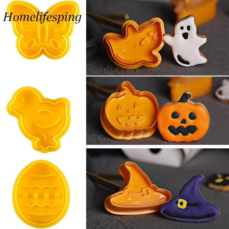 

4pcs Halloween Pumpkin Ghost Theme Plastic Cookie Cutter Plunger Fondant Sugarcraft Chocolate Mold Cake Decorating Tools