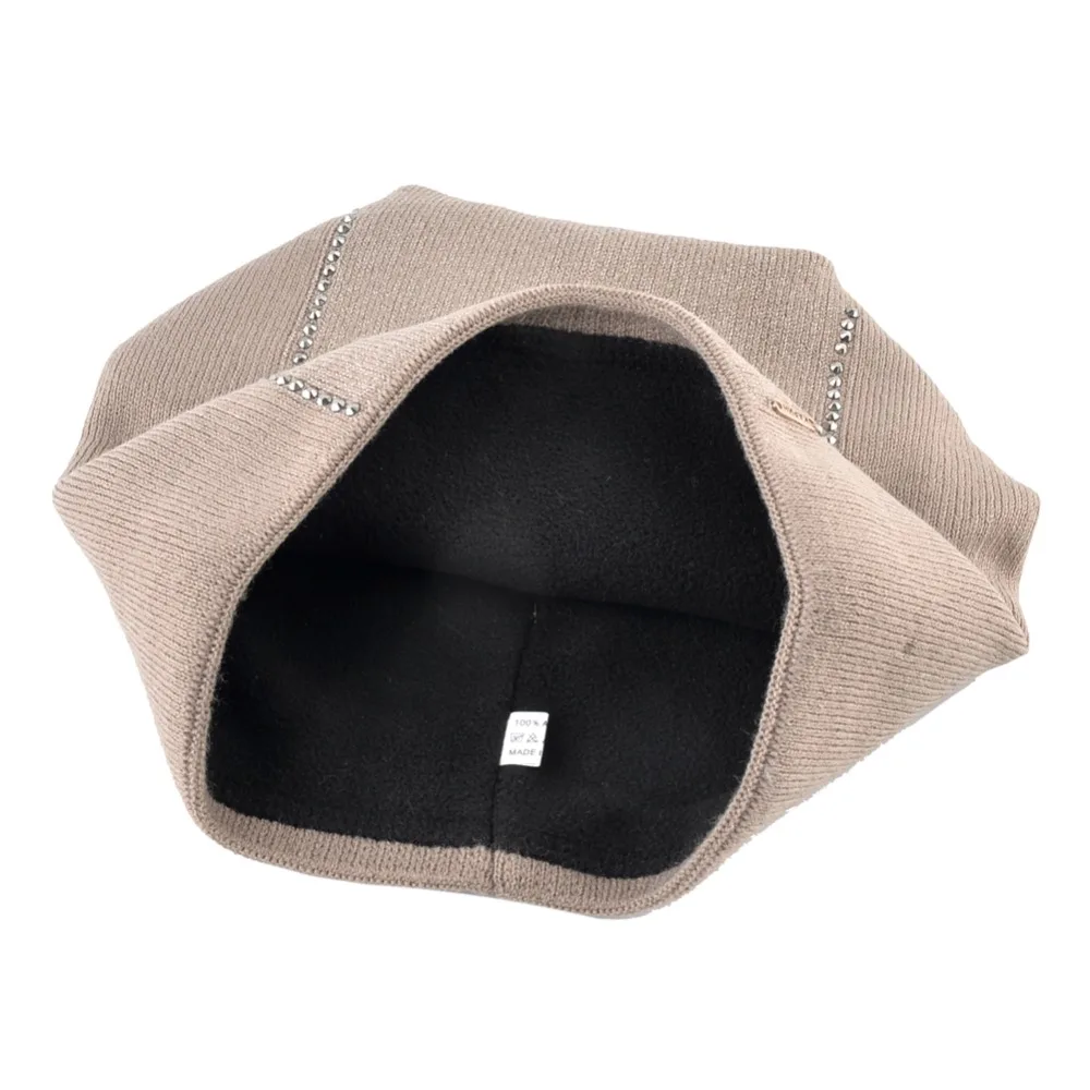 Winter Beanie Women Knitted Wool Hats Female Fashion Skullies Beanies With Rhinestones Solid Color Warm Knit Bonnet Ladies Cap