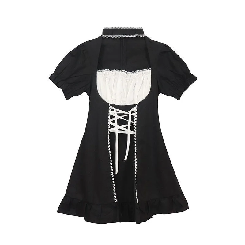 

Y2K Women Maid Dress Kawaii Lolita Outfit French Milkmaid Costumes Cosplay Bandage Sexy Waitress Dress Puff Sleeve Uniform