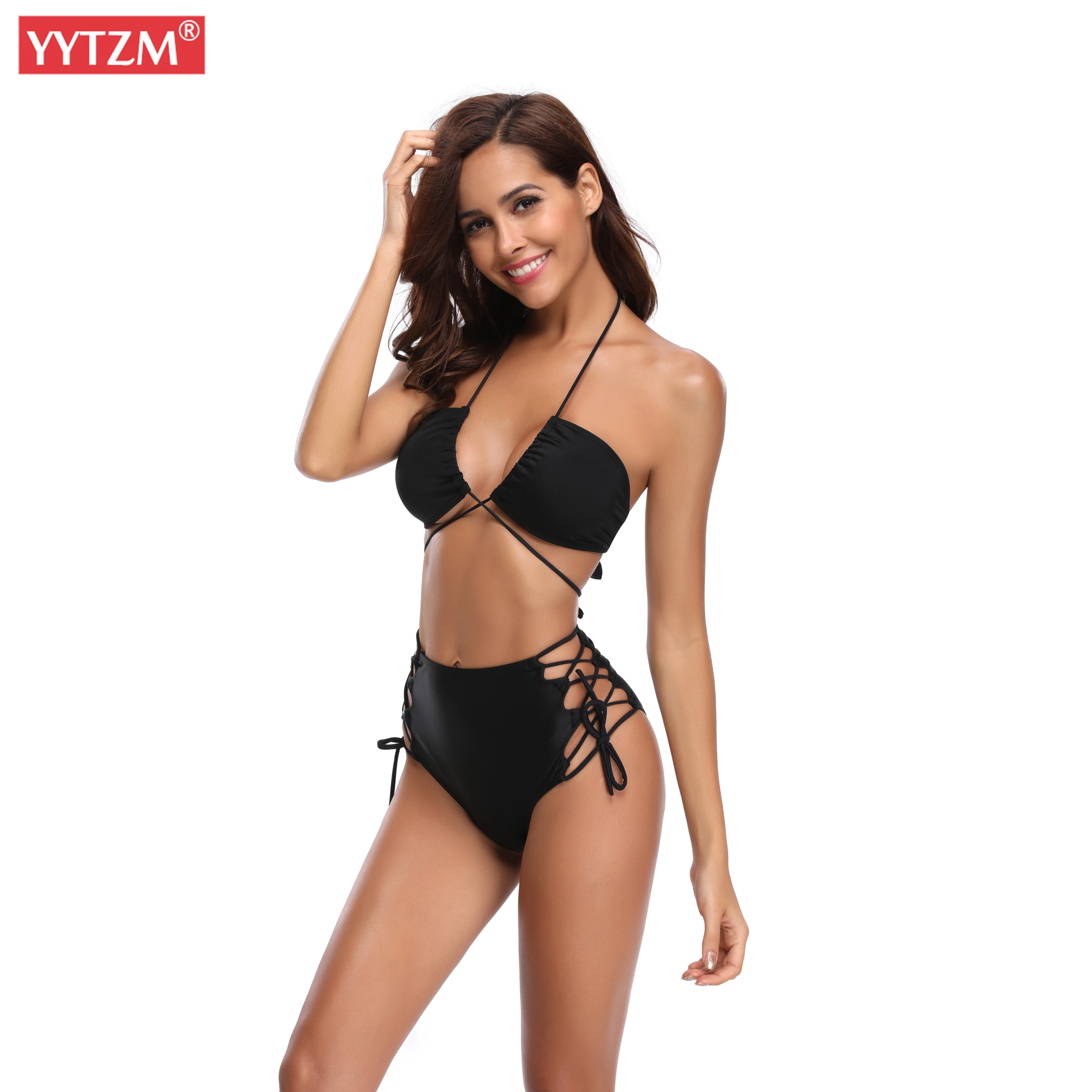 Женский сексуальный купальник бикини черный комплект из двух предметов с