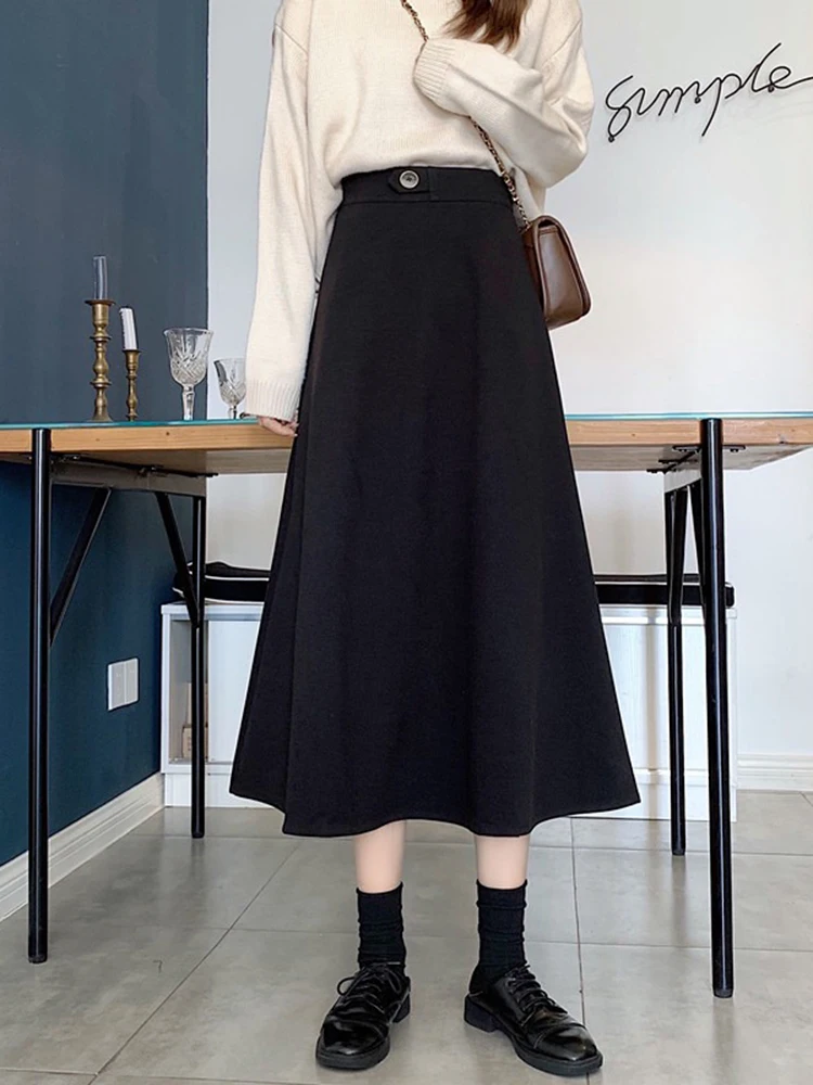

Autumn and winter 2021 new high waist mid-length black drape skirt A-line skirt