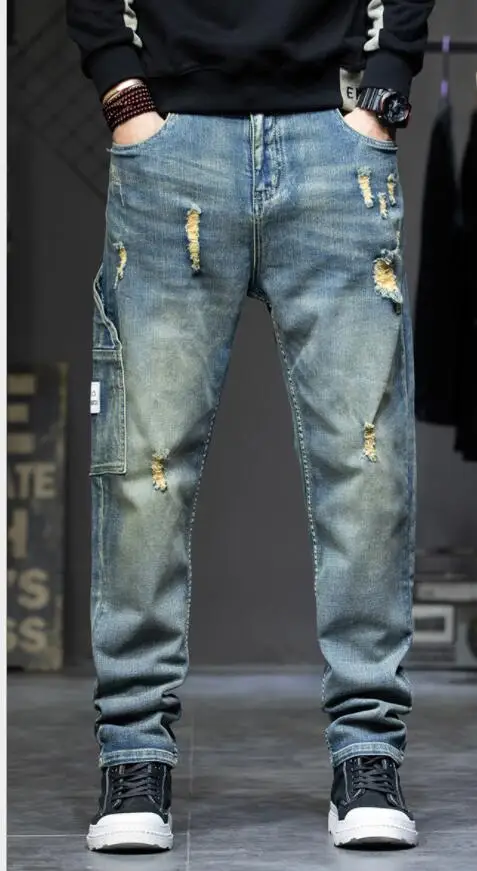 Retro Ripped Jeans Men Loose Feet Harem Pants Streetwear High Street Jeans