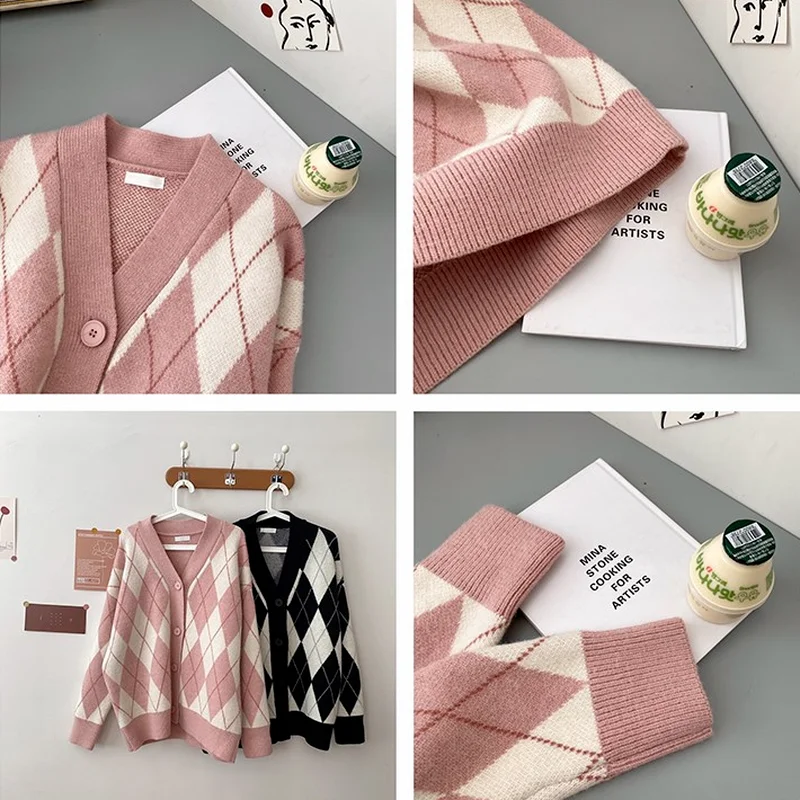 

Cardigan Women Knitted Sweater Oversized V Neck Knitwear Geometry Argyle Pattern Top Ladies Autumn Winter Color block Streetwear