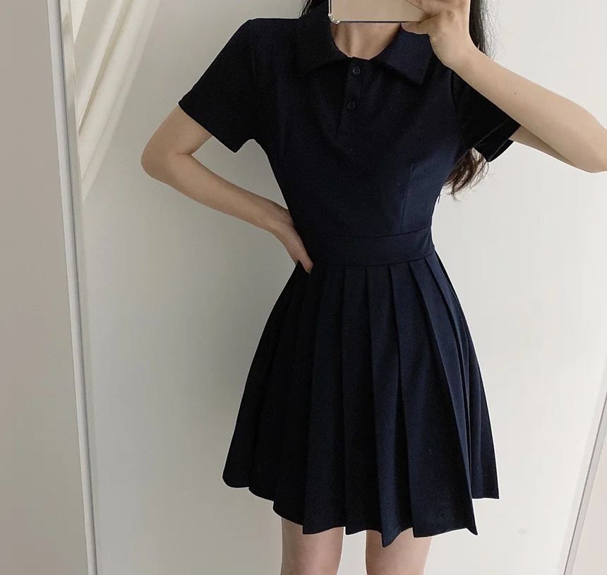 

Vigorous Girl Korean Chic Pure College Style Sweet Western Style Youthful-Looking Small Polo Collar Pleated Dress