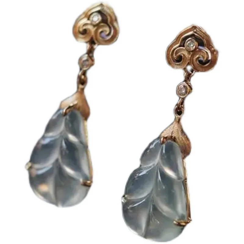 

Palm-Leaf Fan Earrings White Ice Chalcedony Leaf Earrings Ruyi S925 Sterling Silver Inlaid Retro Style