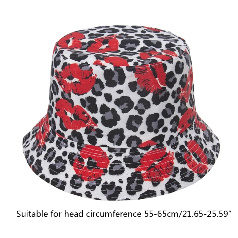 

Unisex Summer Reversible Double Sided Bucket Hat Boho Leopard Lips 3D Print Wide Brim Sunscreen Panama Fisherman Cap