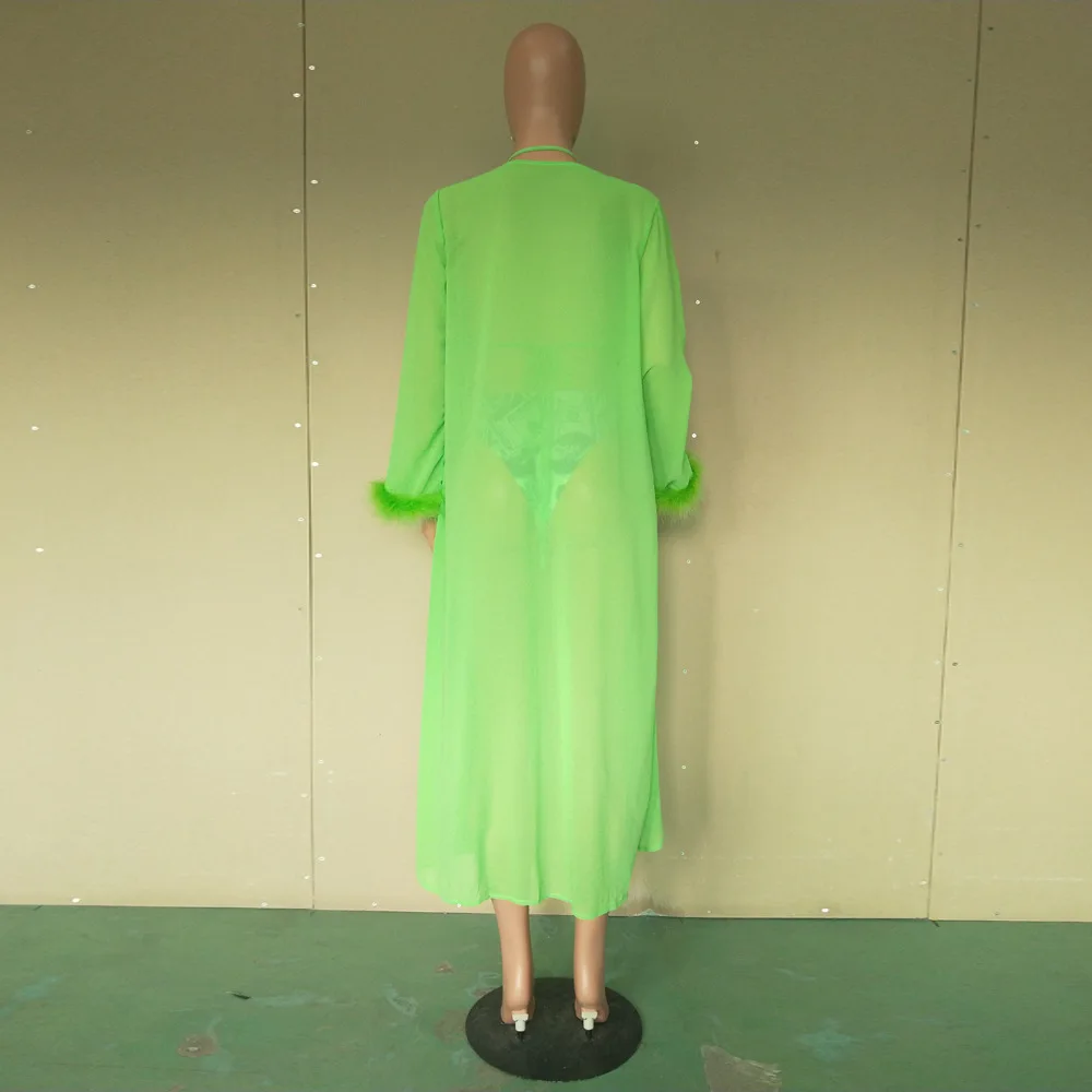 

Fur Stitching Beach Cover Up Bathing Suit 3 Piece Set Swimwear Women Fluorescent Green Dollar Print Beach Sunscreen Tunic Robe