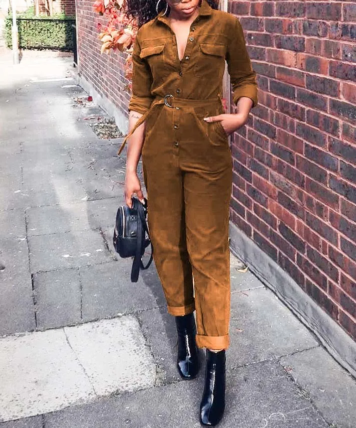 Женский Осенний вельветовый комбинезон с длинным рукавом на пуговицах v образным