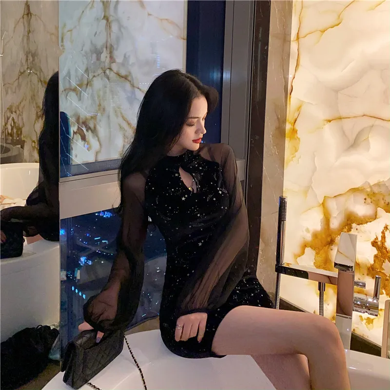 Шифоновое вечернее платье-Ципао с рукавами-фонариками | Женская одежда