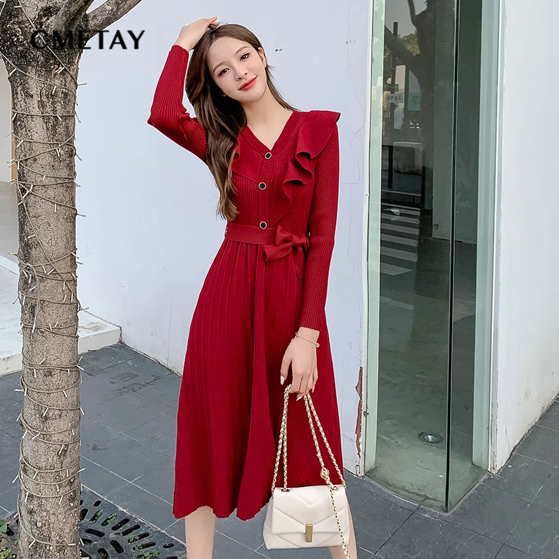 

Knitted Dress Women Casual Long Sleeved Retro Ruffled Elegant Office Ladies Slim Waist Belt Party Sweater Dresses 2021 Autumn