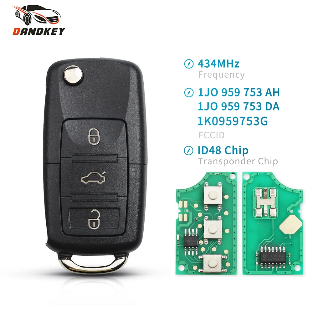 Автомобильный складной ключ-флип Dandkey 1J0959753AH/DA 433MHZ ID48 для VW Passat Bora Polo Golf Beetle Skoda Seat