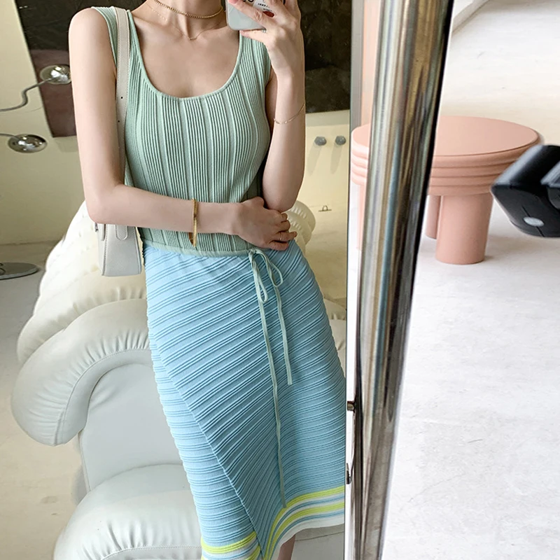 

Casual Knitted Hit Color Dress For Women O Neck Sleeveless High Waist Drawstring Midi Dresses Female Summer Fashion