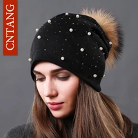 womens hat natural raccoon fur pompom beanies autumn winter warm cotton hats rhinestone fashion caps for women multiple styles