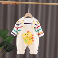 bear leader kids baby cartoon clothes sets toddler boys girls striped t shirt suspender pants outfits children casual clothing