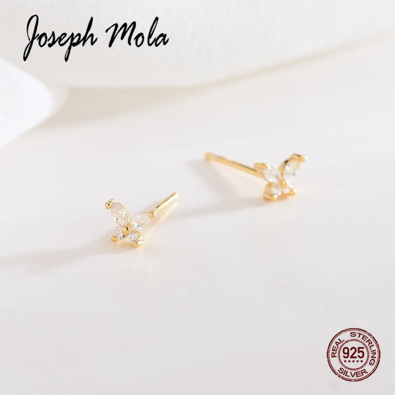 Joseph Mola 925 Sterling Silver Cute Small Butterfly Cubic Zirconia Stud Earrings For Women korean Style Fashion jewelry | Украшения и