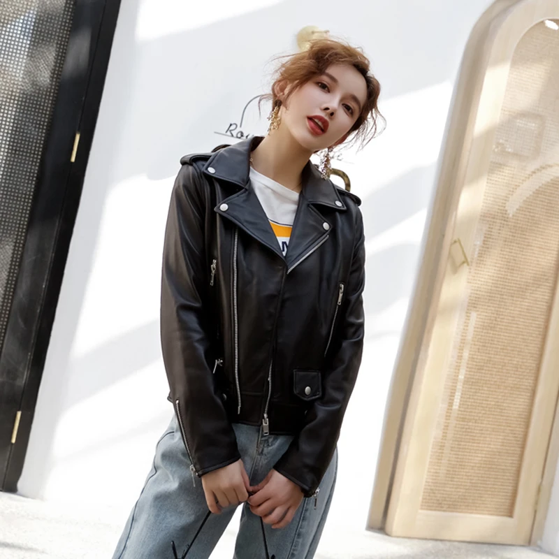 Women Plus Size Sheepskin Genuine Leather Jackets Autumn Slim Motorcycle Biker Jacket Ladies Real Leather Coats Chaqueta Mujer