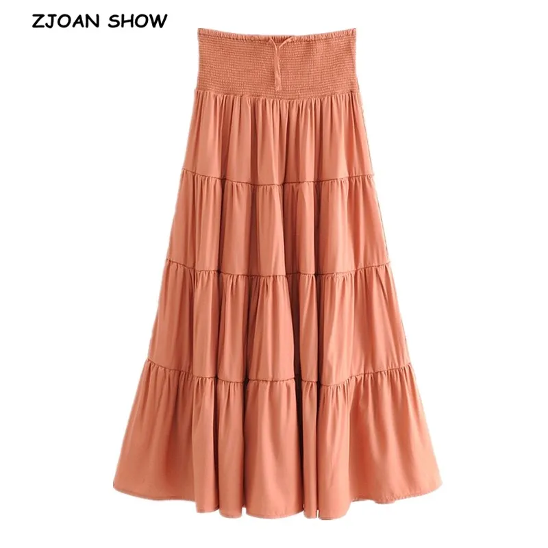 

2020 Bohemian Beige orange Long Skirt BOHO Holiday Women Elastic High Waist Stitching pleated Swing Skirts Beach