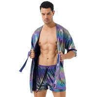 mens sleepwear shiny pajamas set homewear nightwear half sleeve belted cardigan tops with drawstring shorts summer costumes