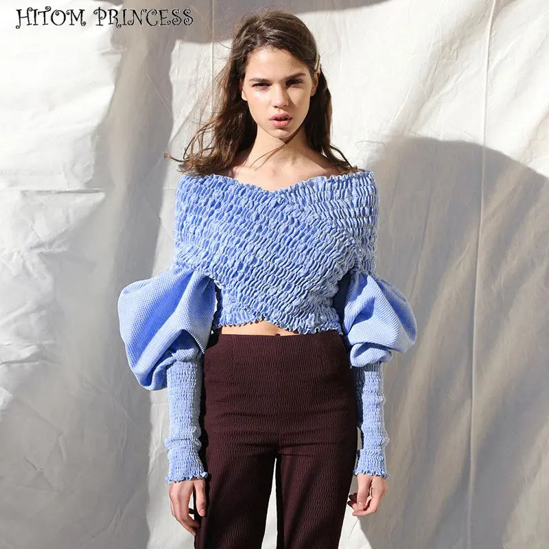 HITOM Принцесса офис леди элегантный с пышными рукавами укороченный топ открытыми