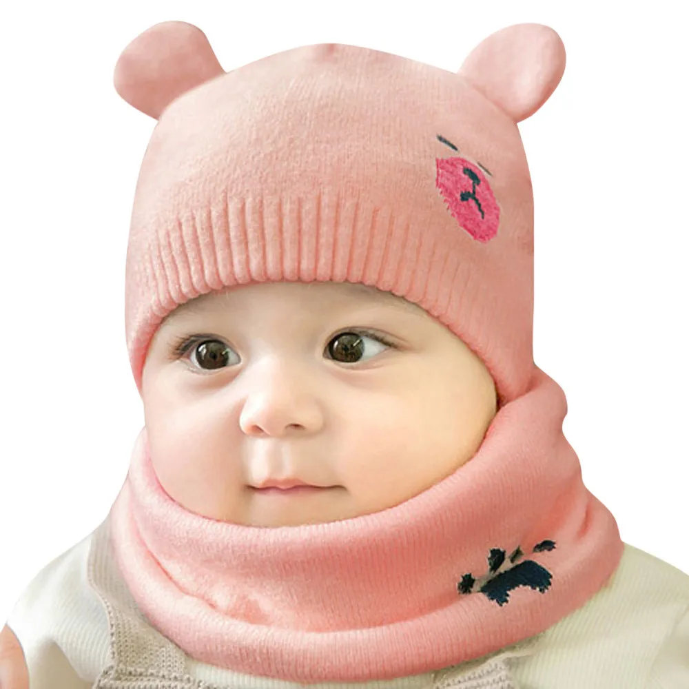Pink C Комплект из 2 предметов Детский набор из шапки и шарфа с рисунком кошки медведя зимние Демисезонный теплые вязаные свитера для малышей Кепки мама детские шляпы кепки для девочек, мальчиков вязаная крючком для девочек, Для Мальчиков Шапка-бини - Цвет: Pink C
