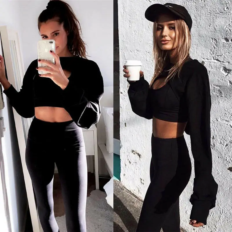 Women's Hoodie Sweatshirt Jumper Crop top Hollow out Long Sleeve Hoodie Gym Sports Pullover Streetwear Womens Tops
